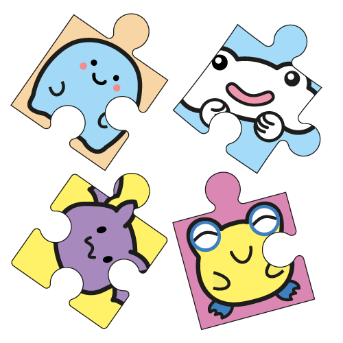 Image illustrant les activités. Les 4 personnages sont présents dans des pièces de puzzle.