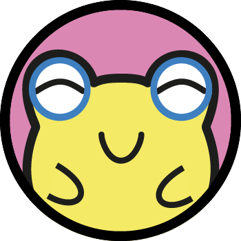 Bouton représentant le personnage "Henry" sur un fond rose. C'est une petite grenouille jaune avec les pattes et le contour des yeux bleus.