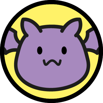 Bouton représentant le personnage "Joff" sur un fond jaune. C'est une petite chauve-souris violette souriante.
