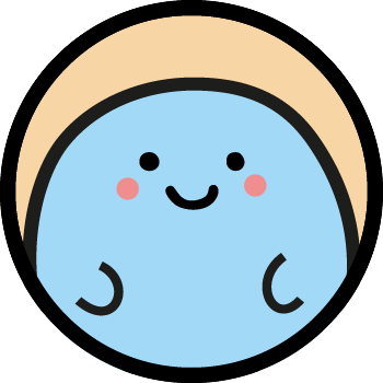 Bouton représentant le personnage "Pote" sur un fond beige. Il a une forme arrondie, il est bleu, un grand sourire et deux joues roses.