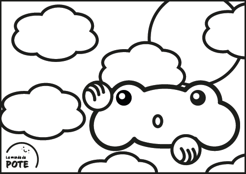 Image en noir et blanc pour l'activité "Coloriage". Claude est dans le ciel, devant des nuages et devant le soleil. Il regarde à l'horizon.