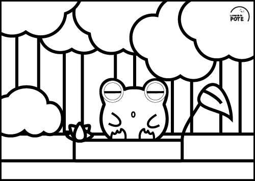 Image en noir et blanc pour l'activité "Coloriage". Henry est endormi sur un nénuphar, flottant sur un lac dans une forêt.