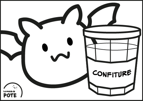 Image en noir et blanc pour l'activité "Coloriage". Joff est derrière un pot de confiture.