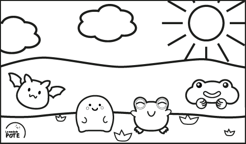Image en noir et blanc pour l'activité "Coloriage". Les 4 personnages sont devant une colline, il y a un grand soleil et des nuages dans le ciel. Il s'agit de l'illustration d'une histoire à venir.