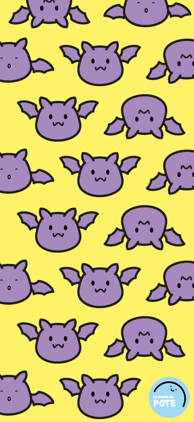 Fond d'écran pour téléphone mettant en avant le personnage "Joff". Il est présent à de nombreuses reprises sur un fond jaune. C'est une petite chauve-souris violette souriante.