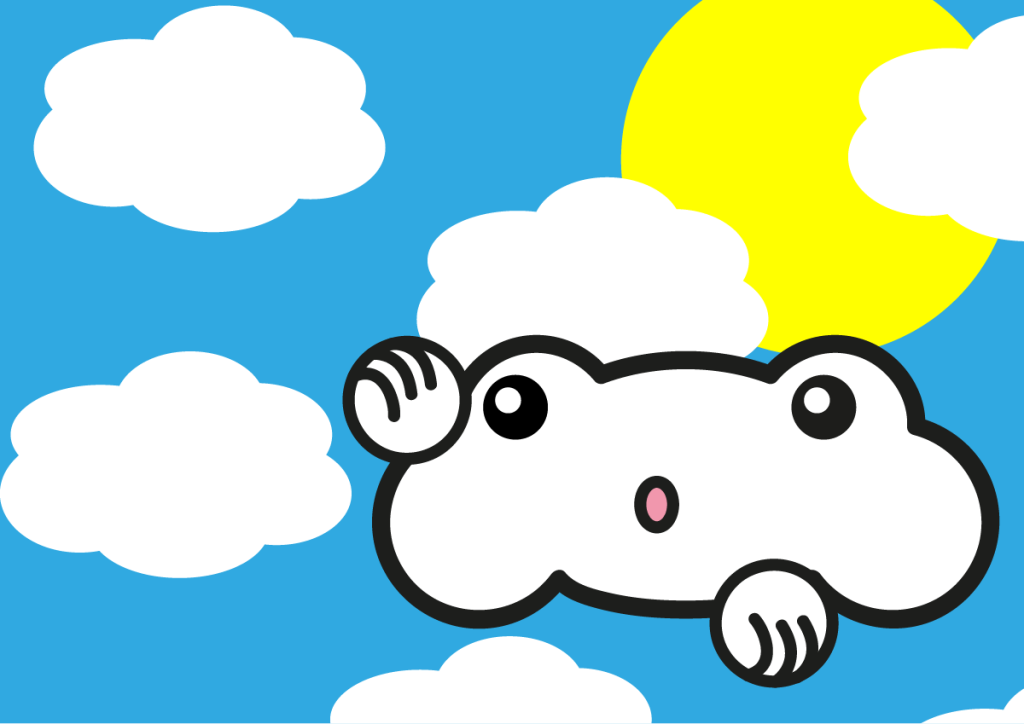 Image illustrant les histoires. Il s'agit de l'histoire "Le petit nuage vagabond". Claude est dans le ciel, devant des nuages et devant le soleil. Il regarde à l'horizon. Claude est un petit nuage souriant.