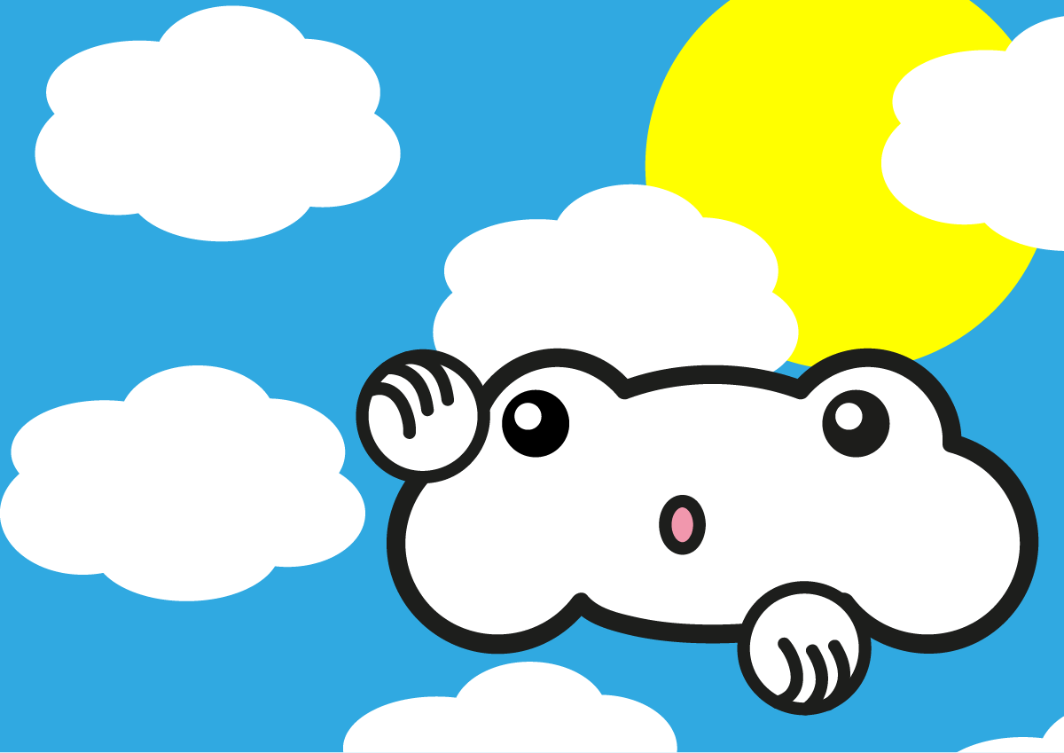 Image illustrant les histoires. Il s'agit de l'histoire "Le petit nuage vagabond". Claude est dans le ciel, devant des nuages et devant le soleil. Il regarde à l'horizon. Claude est un petit nuage souriant.
