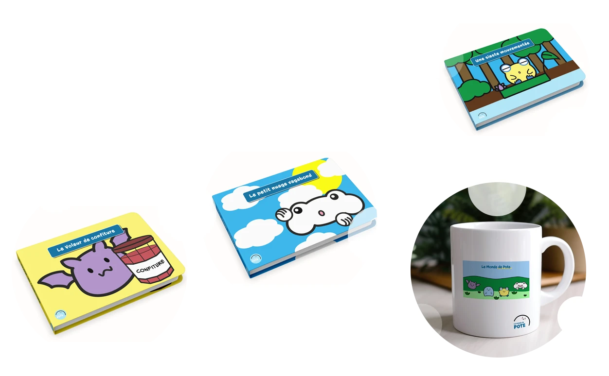 Image illustrant la Boutique. Plusieurs produits "Le Monde de Pote" sont présents dans des bulles.