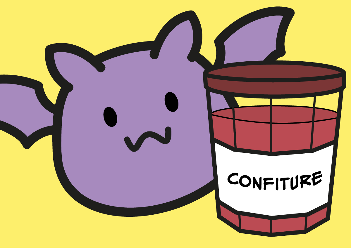 Image illustrant les histoires. Il s'agit de l'histoire "Le voleur de confiture". Joff est derrière un pot de confiture. Joff est une petite chauve-souris violette souriante.