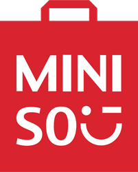 Logo du magasin "Miniso". Le texte "Miniso" accompagné d'un clin d'oeil est écrit en blanc sur un sac rouge.
