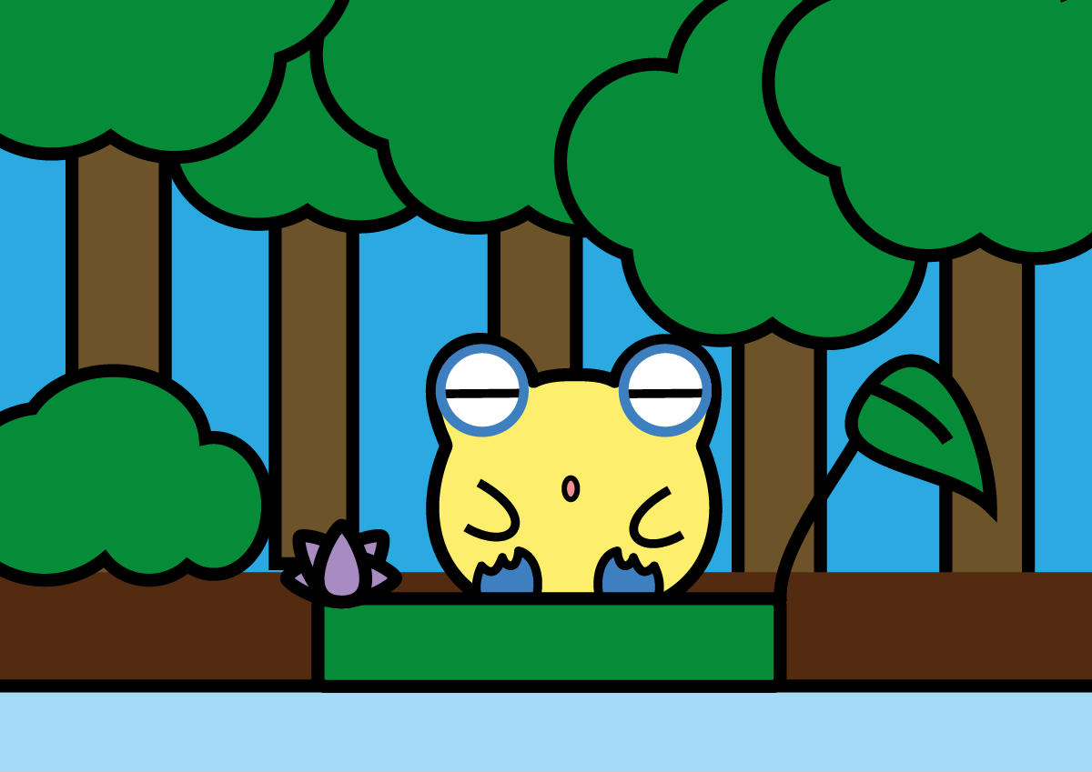 Image illustrant les histoires. Il s'agit de l'histoire "une sieste mouvementée". Henry est endormi sur un nénuphar, flottant sur un lac dans une forêt. Henry est une petite grenouille jaune avec les pattes et le contour des yeux bleus.